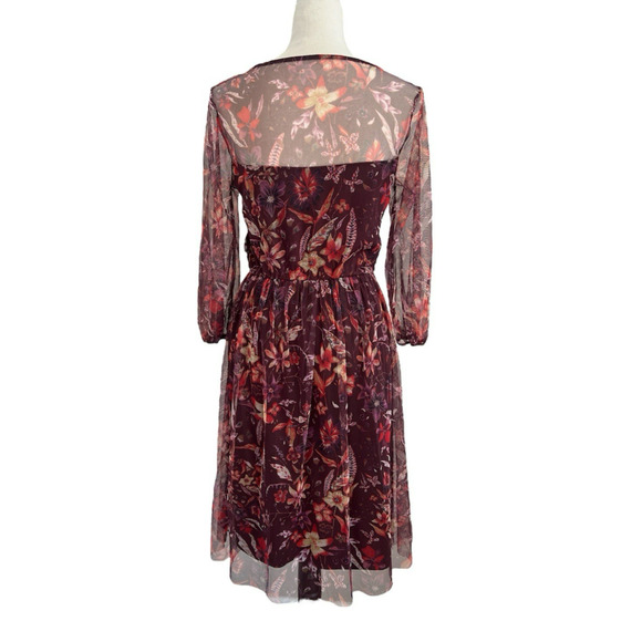 Candalite Midi Dress Womens Medium Burgundy Floral Mesh Overlay Sheer Sleeves - Picture 2 of 11